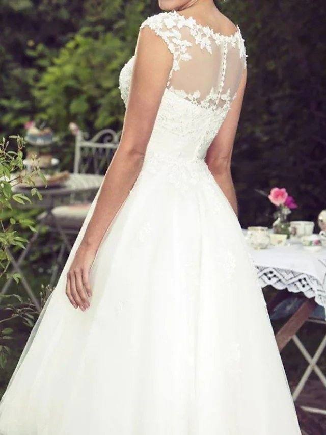 Ball Gown A-Line Wedding Dresses Jewel Neck Tea Length Lace Tulle Sleeveless Vintage Plus Size with Lace - RongMoon