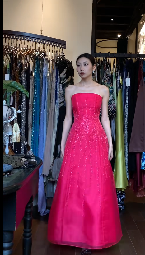 Gorgeous Hot Pink Long Prom Dresses Beaded Tulle Strapless A-Line Evening Dress DP04970
