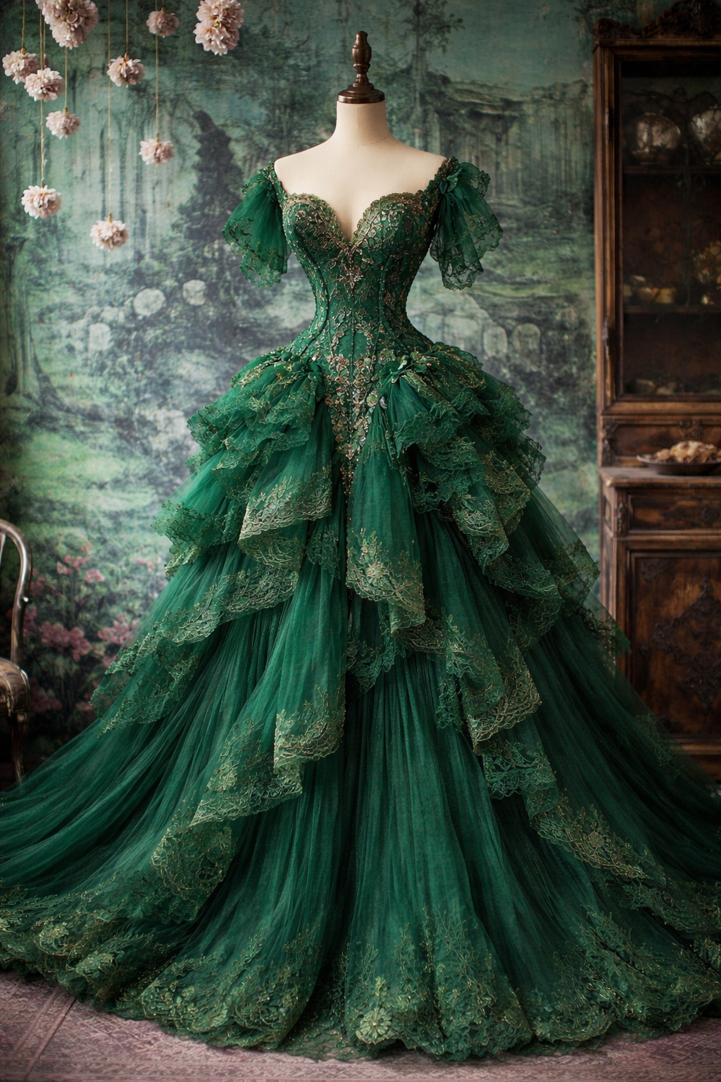 Chic Green Prom Dress Tulle Applique Ball Gown Lace Swetheart Quinceanera Dress DP05370