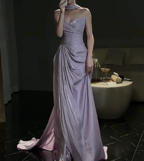 Elegant Sheath Sweetheart Neck Long Evening Gowns Purple Chiffon Special Formal Dresses Pleated Slits Prom Dresses DP2783