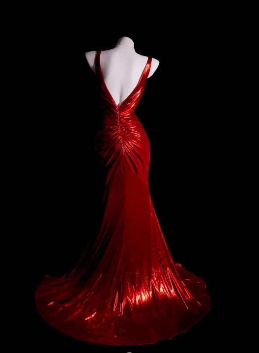 Sexy V-neck Mermaid Long Prom Dresses Backless Red Evening Dress Sleeveless Formal Dresses DP3683