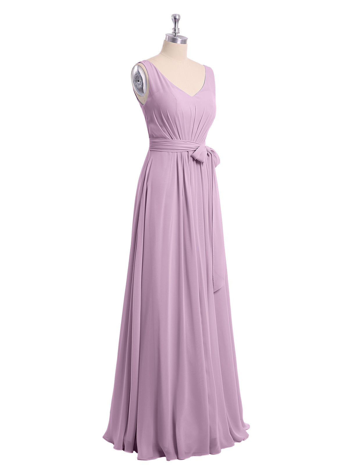 V neck Chiffon Bow Sash Gowns with Split Wisteria