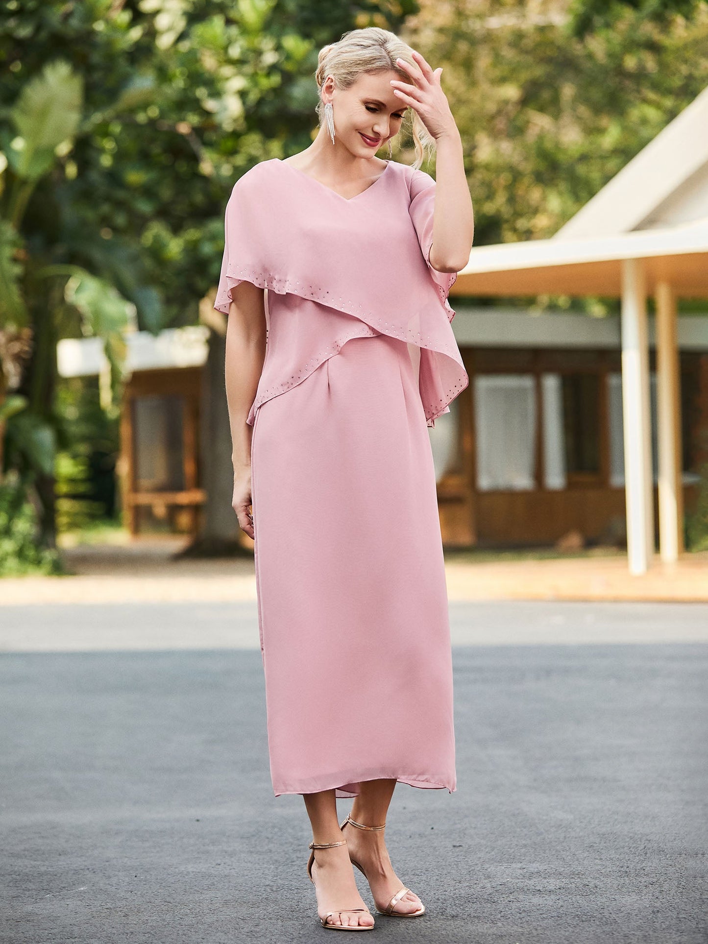 V-neck Tea-length Dress with Flutter Sleeves Dusty Rose