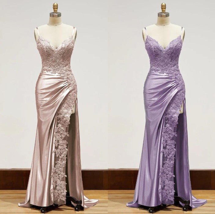 Elegant Spaghetti Straps Prom Dress Black SatinSheath Appliques Long Formal Evening with Slits ED001