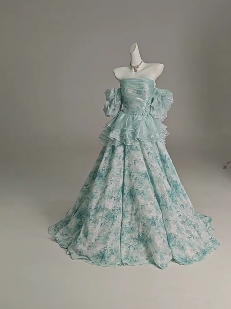 Blue Floral A-Line Strapless Organza Long Prom Dress Graduation Prom Dress ED01628
