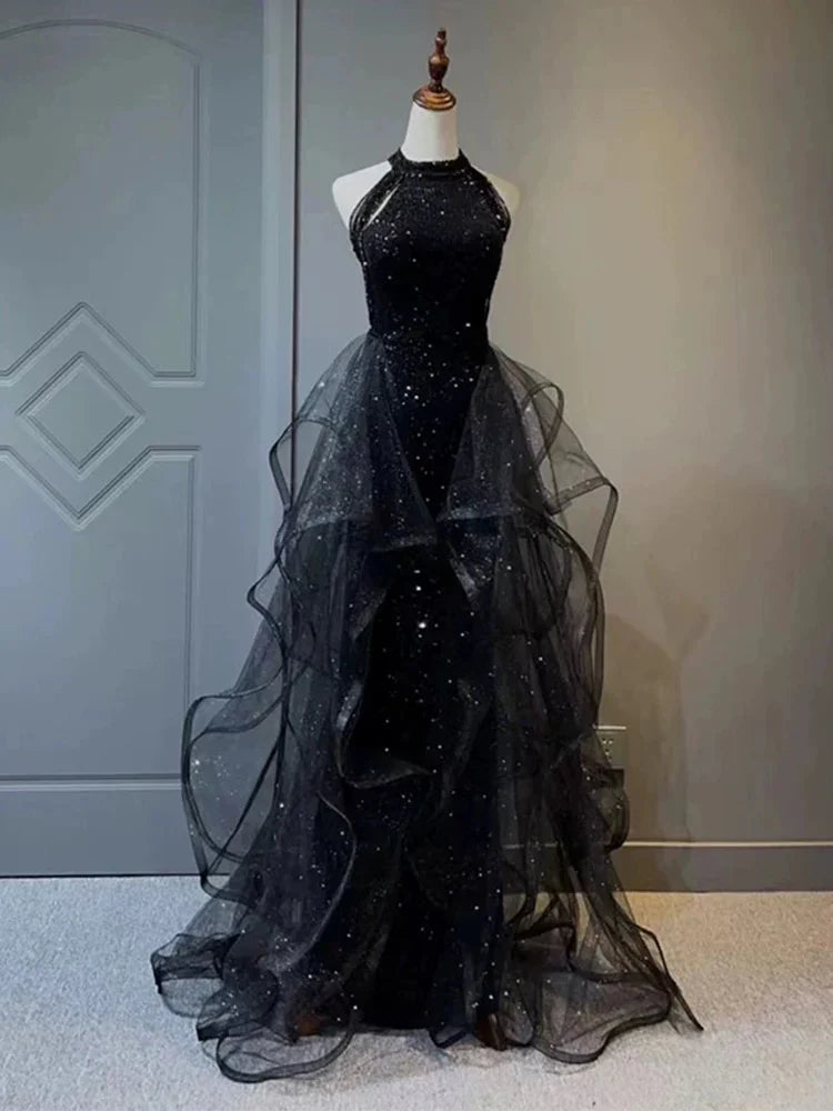 A-Line 🩵Midnight Blue Long Prom Dress for Quinceanera&Graduation -Halter Tulle&Sequin Formal Evening Dress ED01427