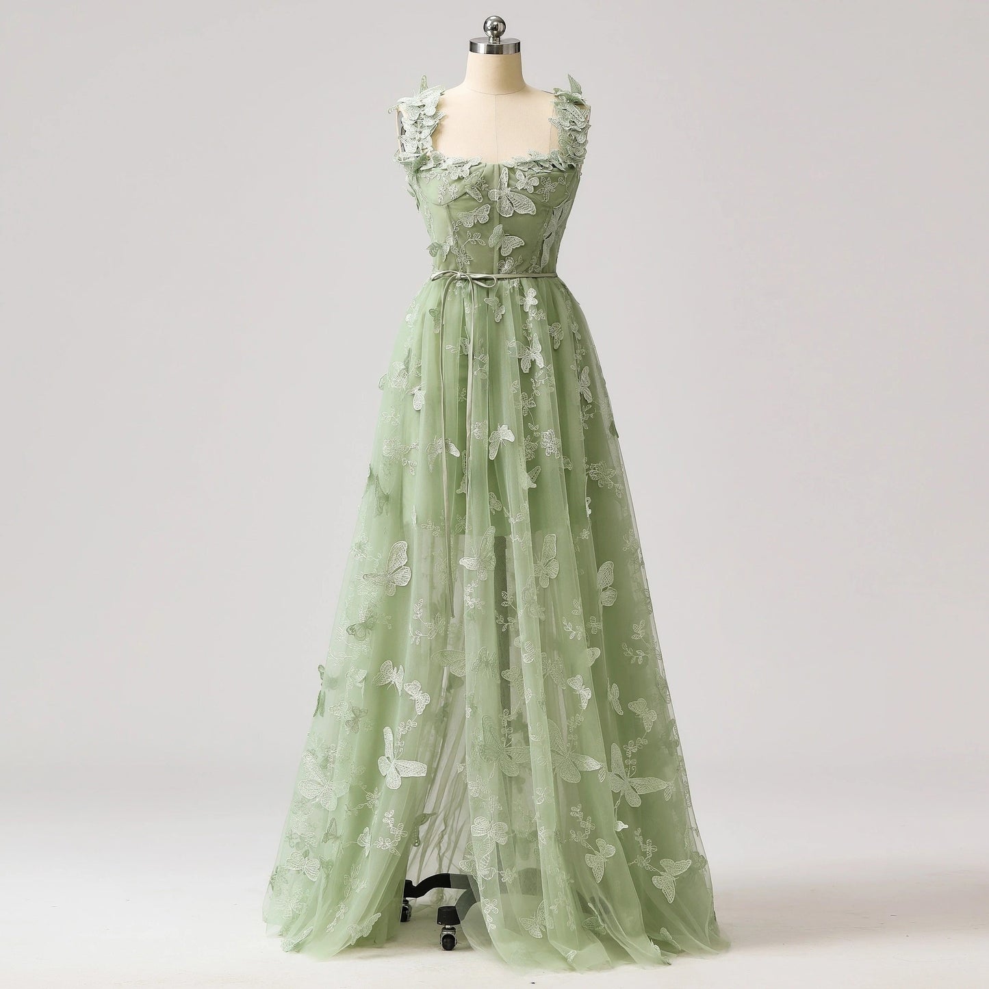 Sage Green A-Line Tulle Spaghetti Straps 3D Butterfly Long Prom Dress Sweet Adult Graduation Prom Dress ED01518