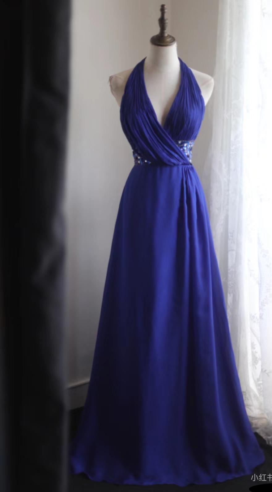Royal Blue A-Line Halter Chiffon Satin Long Prom Dress V-neck Beaded Birthday Party Dress ED01581