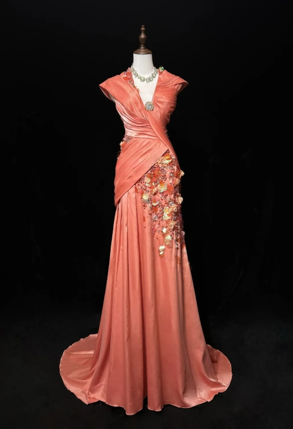 Bright Orange Mermaid V-Neck Satin Beaded Long Prom Dress Sequined Evening Gown ED01582
