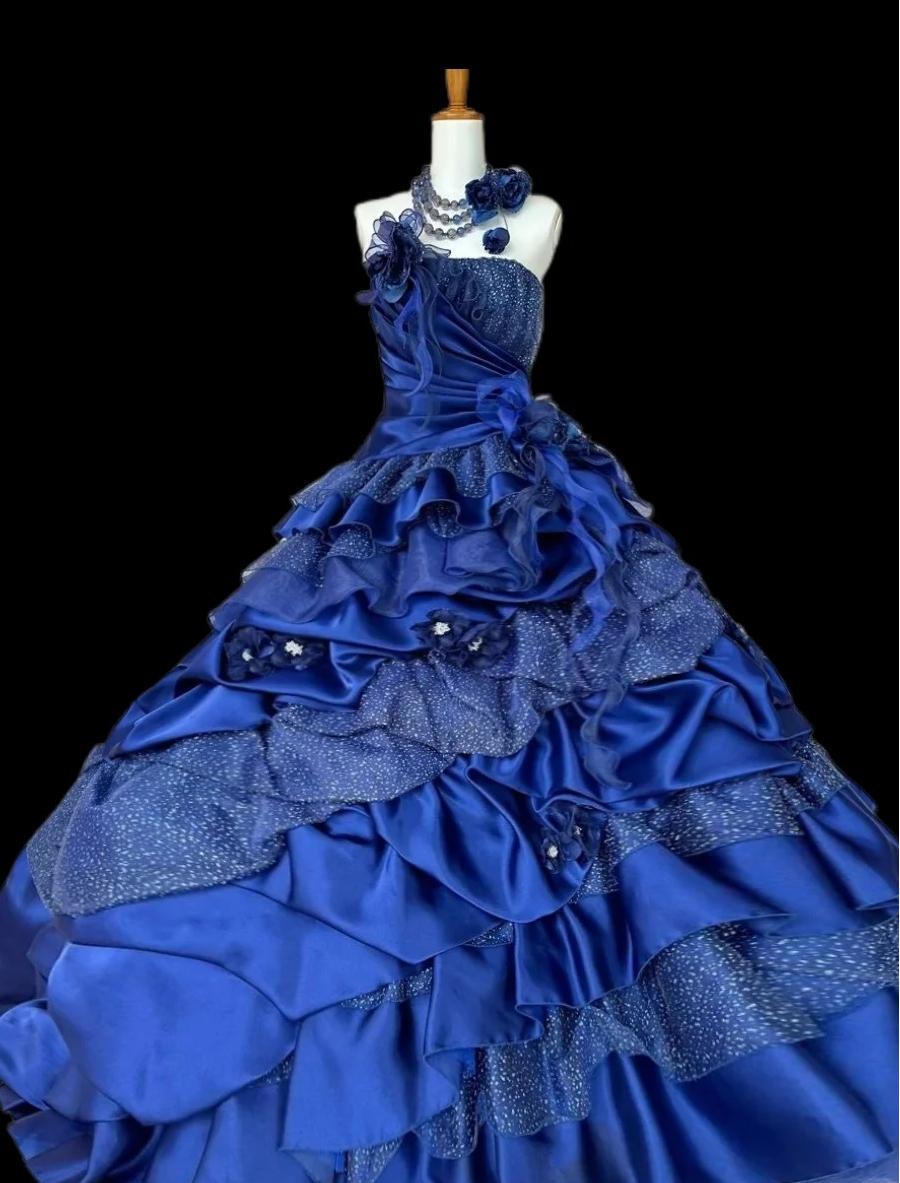 Vintage A-Line Strapless Satin Tulle Long Ball Dress Klein Blue 3D Applique Evening Dress ED01591