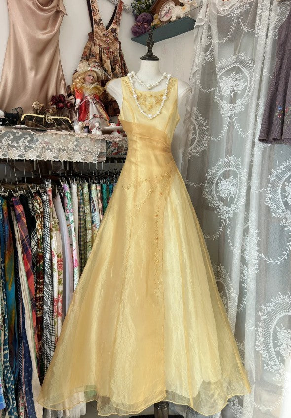 Vintage Yellow A-Line Boat Neck Tulle Long Prom Dress Simple Embroidery Applique Evening Dress ED01592