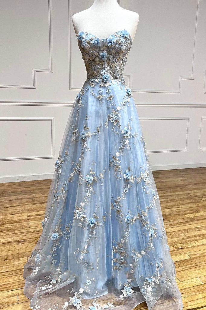 Blue A-Line Sweetheart Tulle Appliques Long Prom Dress, Strapless Evening Dress ED01609