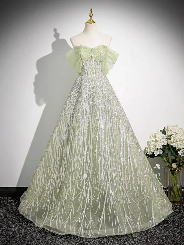 Sage A-Line Off the Shoulder Glittering Tulle Sequins Long Prom Dress Sweet 16 Dress ED01618