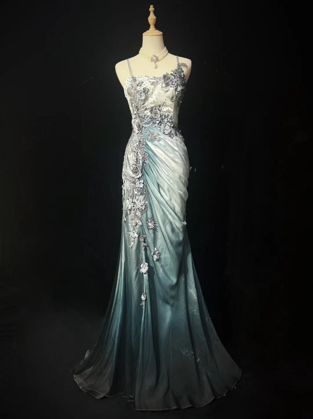 Elegant Chiffon Mermaid Gown for Prom&Party 🎐Spaghetti Strap Sequined Applique Evening Gown ED01646