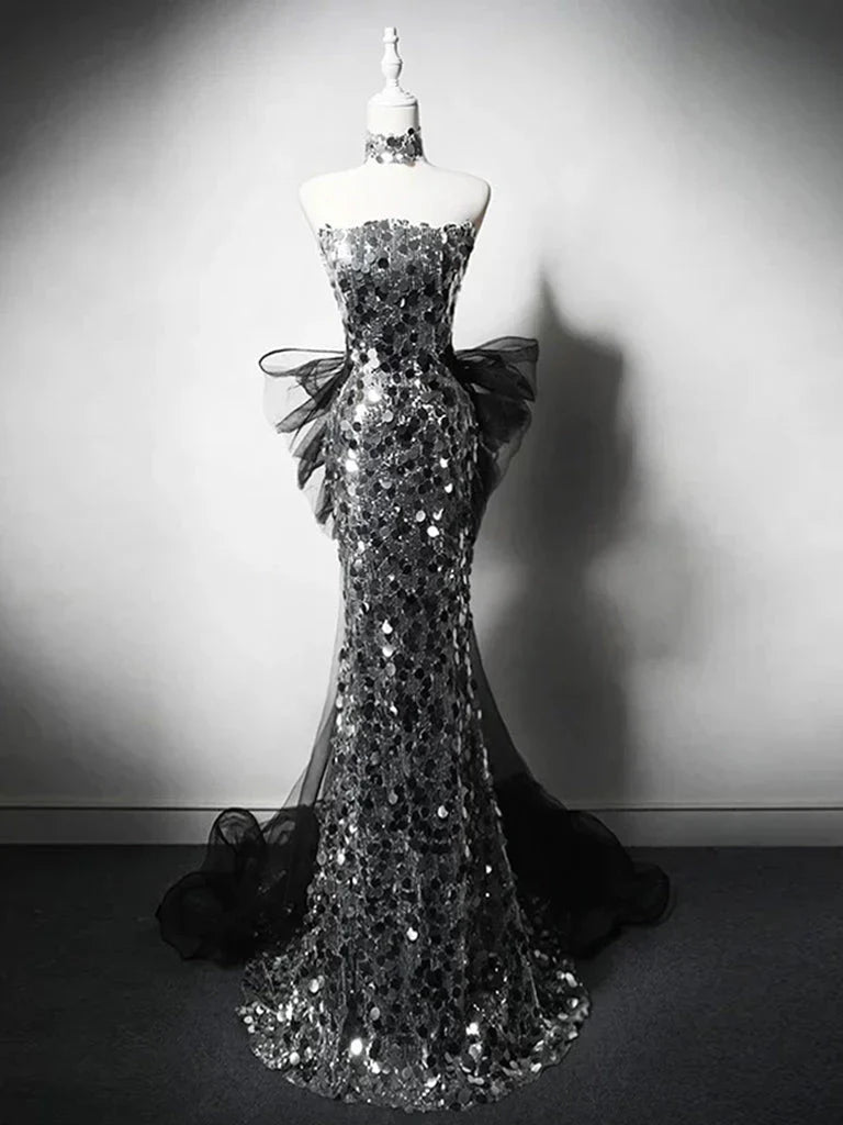 Modest Silver Mermaid Strapless Sequin Tulle Long Prom Dress Formal Evening Dress ED01680