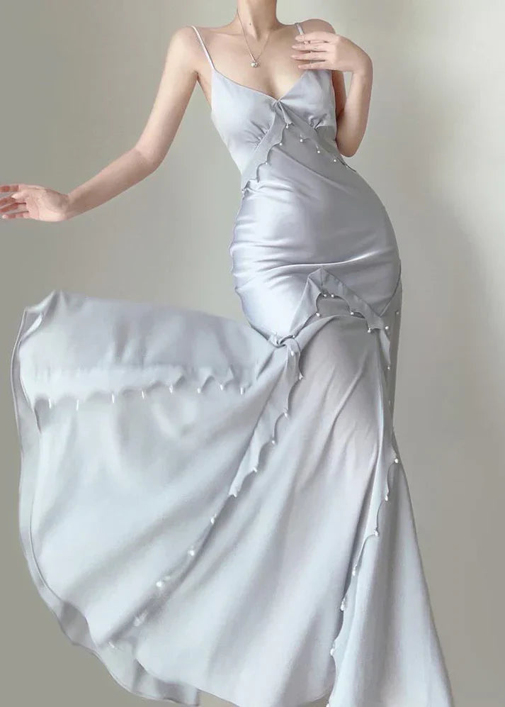 Retro Silver Mermaid Spaghetti Straps Satin Long Prom Dress Beaded Evening Dress ED01739