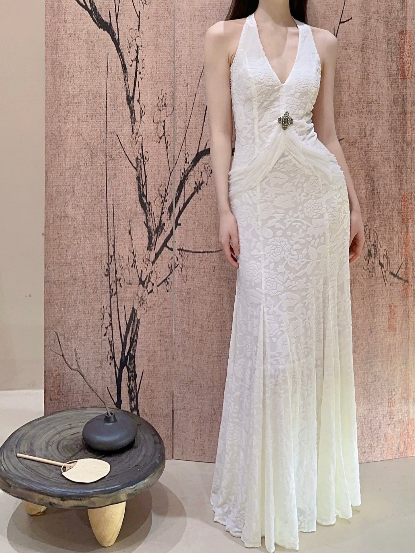 White Mermaid V-neck Velvet Chiffon Prom Dress ED01767