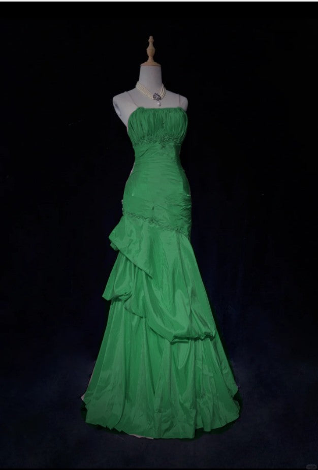 🩷Gentle Pink Mermaid Evening Dress Spaghetti Straps Satin Layered Pleated Prom Dress with Beading ED01805