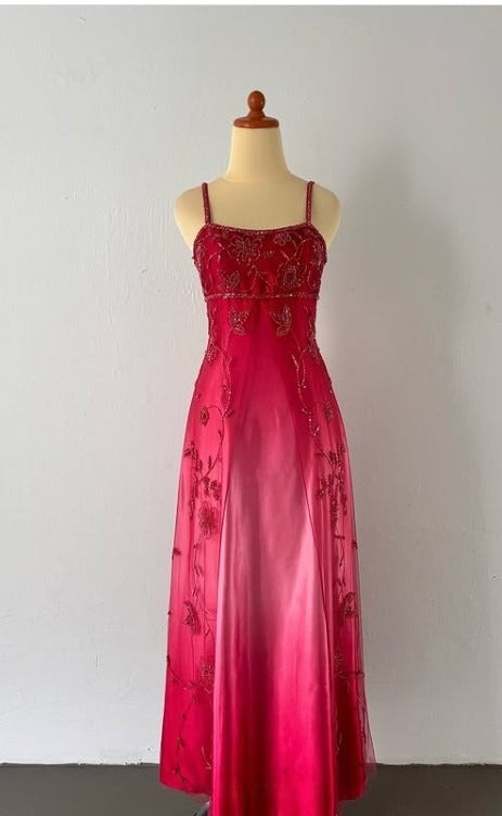 Gorgeous Spaghetti Straps Vintage Beading Applique Gradient Blue Sleeveless Long Graduation Prom Dress Birthday Dress ED01816