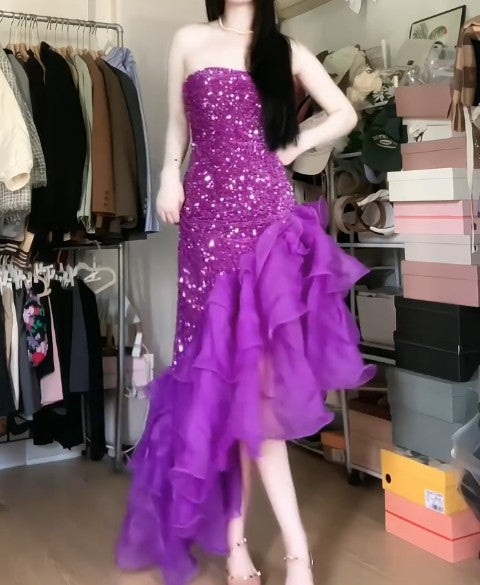 Purple Mermaid Sequined Strapless Tulle Ball Gown Evening DressED01835
