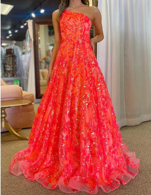 Unique A-Line One Shoulder Sequin Lace Long Prom Dresses Floor Length Sparkly Evening Dress ED01848