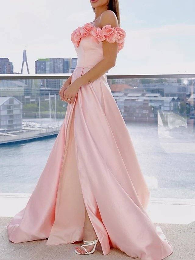A-Line Elegant Floral Engagement Formal Evening Dress Off Shoulder Sleeveless Sweep / Brush Train Satin with Split Pattern / Print - RongMoon