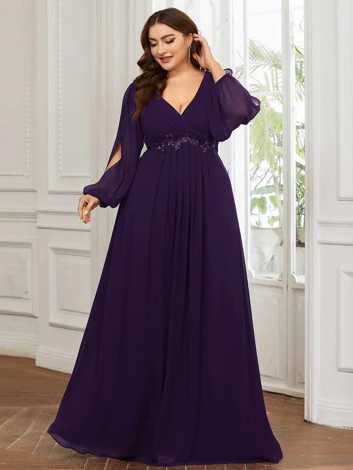 Aimishang Stylish Chiffon Plus Size Evening Dresses with Long Lantern Sleeves
