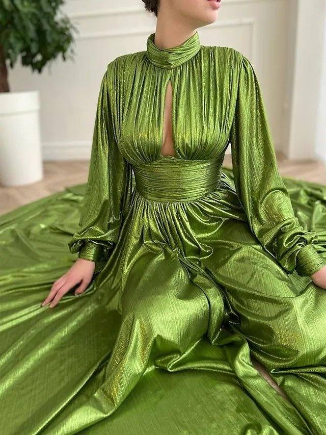 A-Line Empire Elegant Party Wear Formal Evening Dress High Neck Long Sleeve Court Train Taffeta with Pleats Split - RongMoon