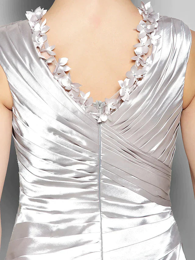 A-Line Mother of the Bride Dress V Neck Stretch Satin Sleeveless with Criss Cross Beading Side Draping