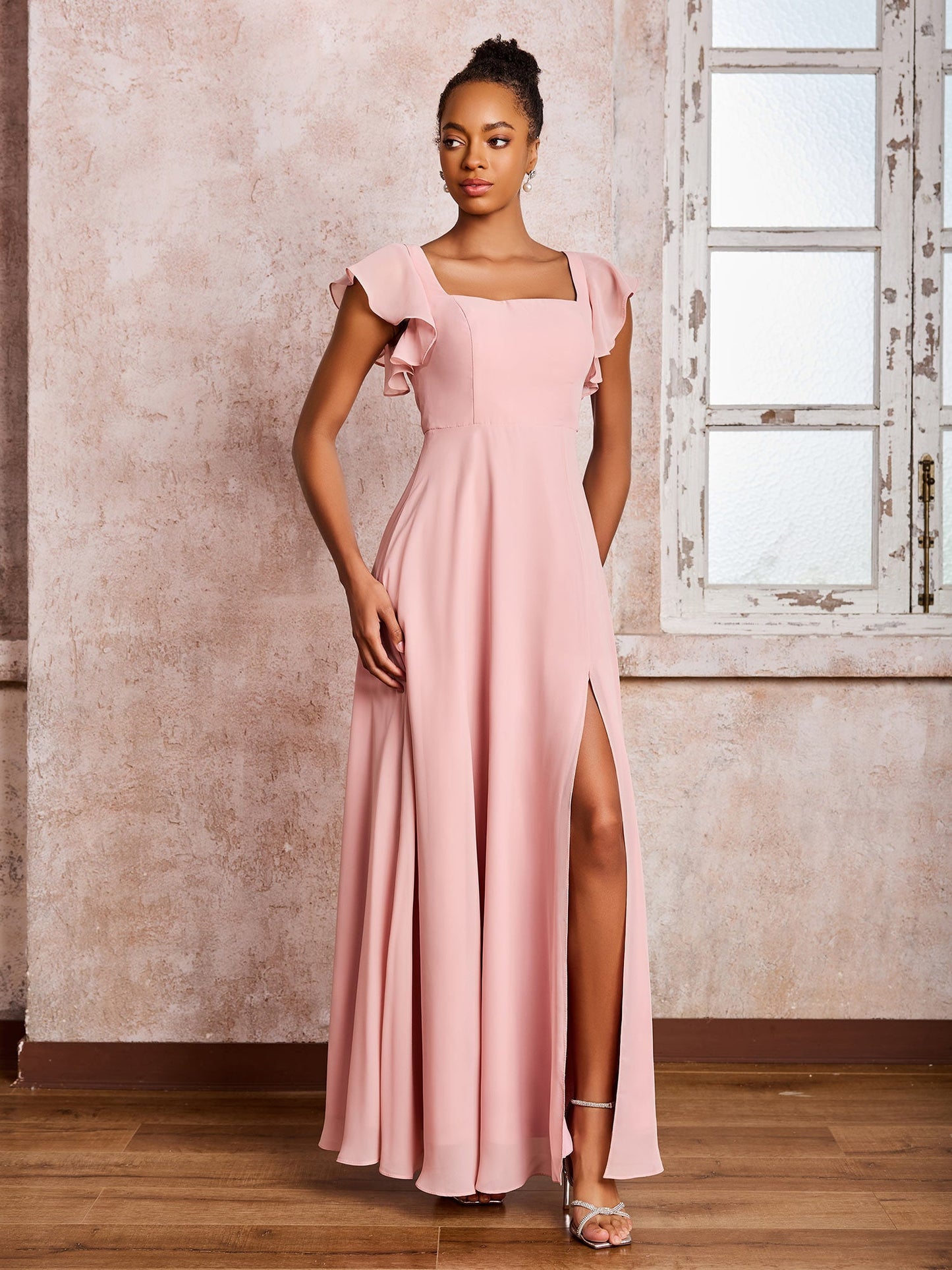 Flutter Sleeves Square Neck Backless Chiffon Dresses with Slit Dusty Rose