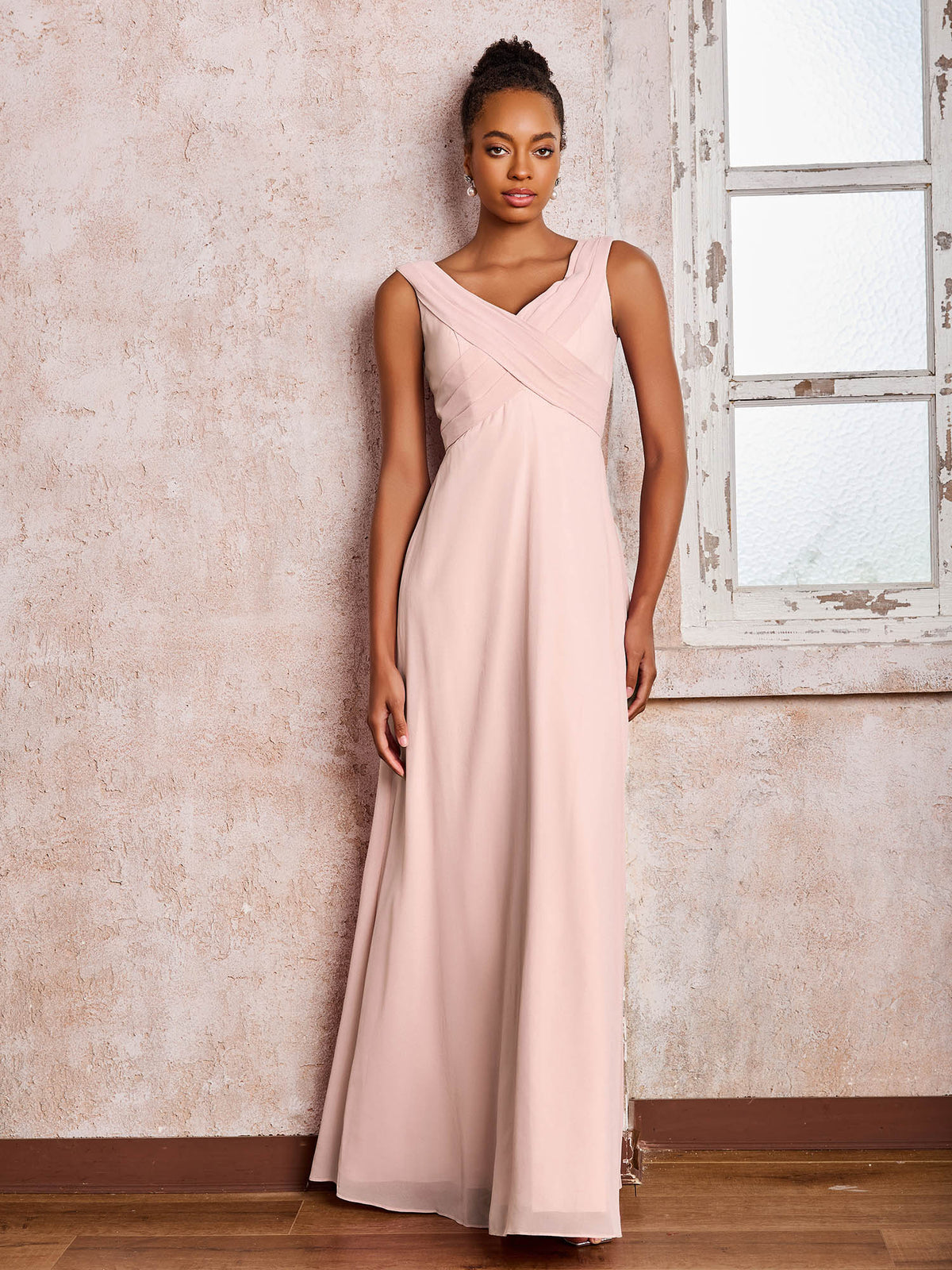 V-neck Pleated Sleeveless A-line Chiffon Dresses Dusty Rose