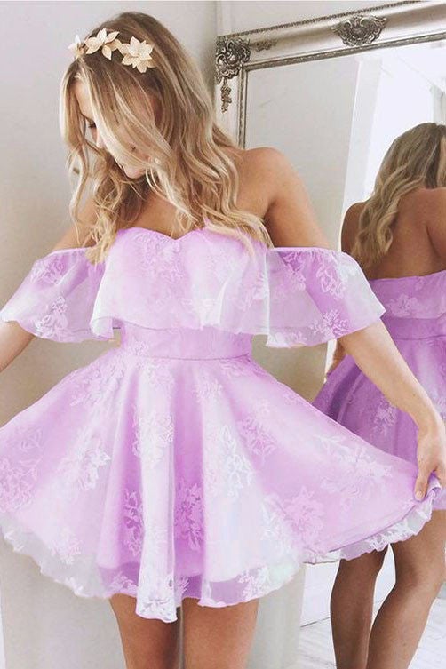 Elegant A Line Off Shoulder Lace Prom Short Dresses Ruffles Homecoming Dresses