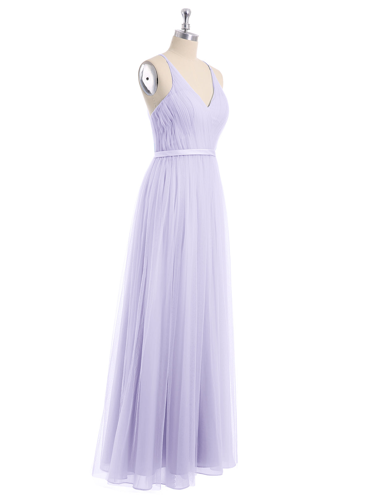 V Neck Tulle Long Dresses with Satin Sash Lilac