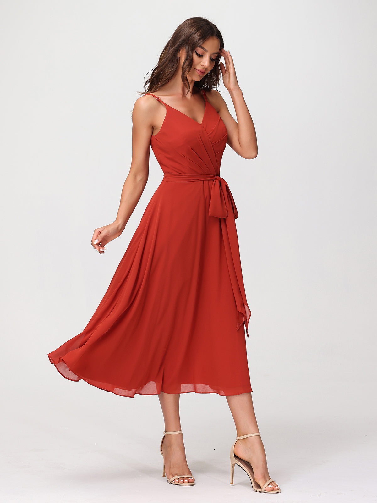 Spaghetti Strap T length Dress with Sash Bow Rust