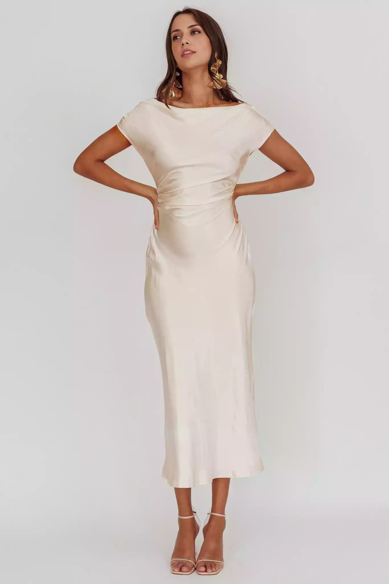 Exquisite satin long mid length backless hanging unlined hidden side zipper Prom Dresses