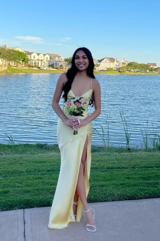 Forest Green Spaghetti Straps Sheath Satin Long Prom Dress with Slit