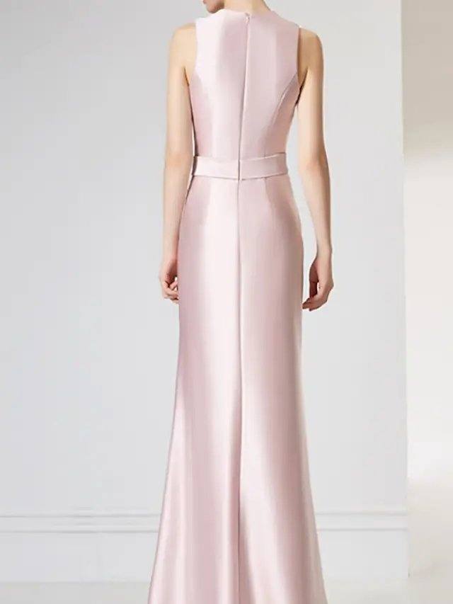Sheath / Column Mother of the Bride Dress Elegant V Neck Floor Length Satin Sleeveless with Pleats - RongMoon