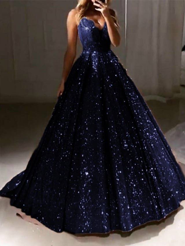 Ball Gown Luxurious Sparkle Quinceanera Prom Dress V Neck Sleeveless Sweep / Brush Train Sequined with Pleats Sequin - RongMoon