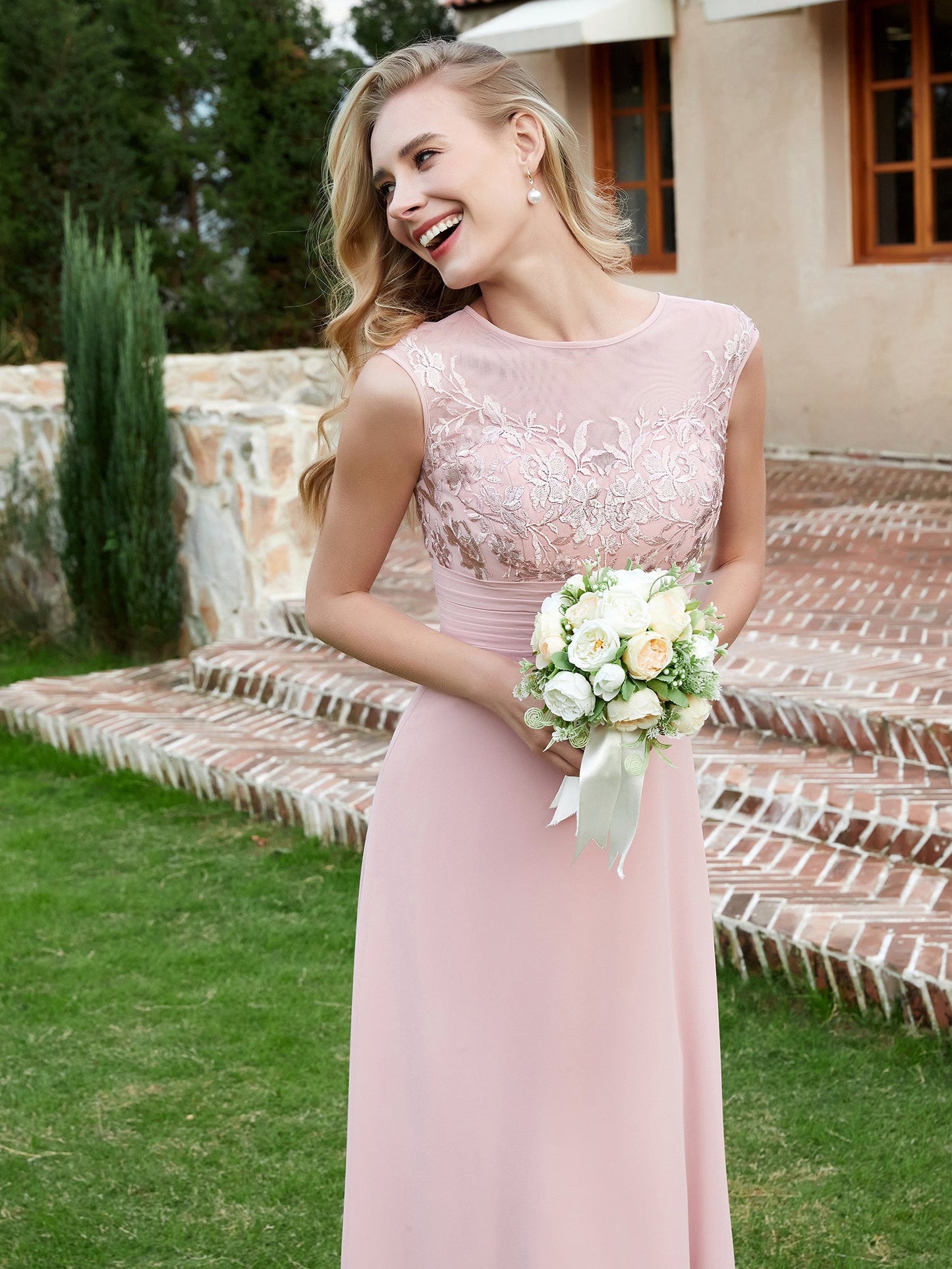 Chiffon And Lace Floor-length A-line Dress Dusty Rose