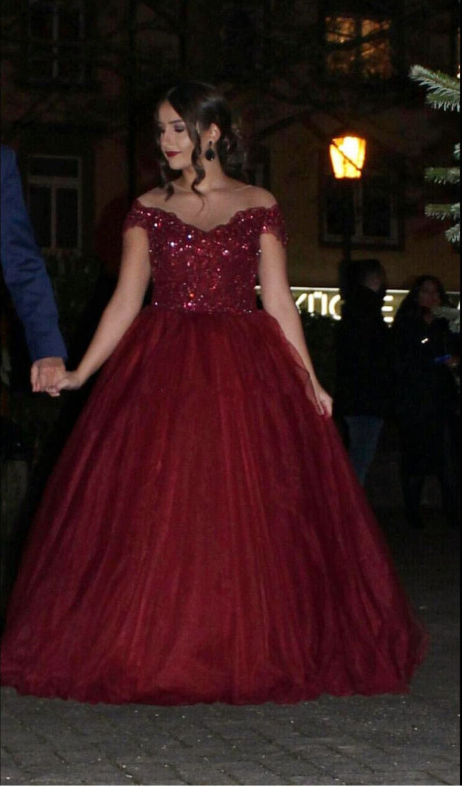 Gorgeous Lace Beaded Sheer Neckline Maroon Ball Gown Wedding Dresses