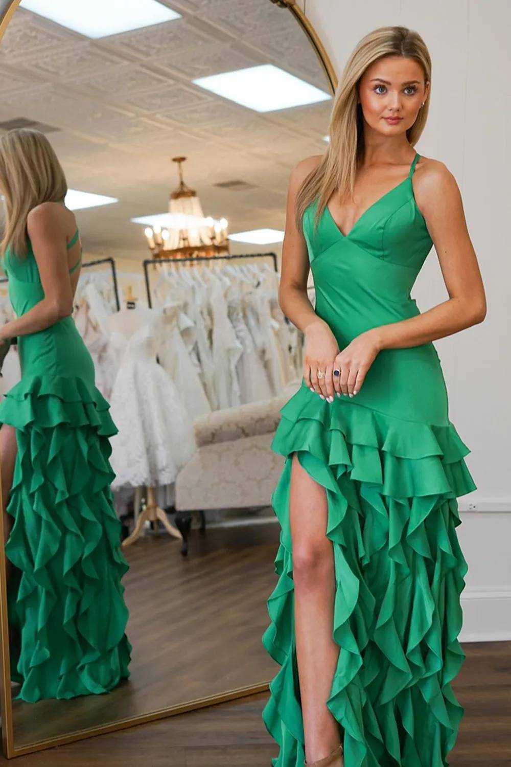 Green Backless Ruffled Long Prom Dress with Slit