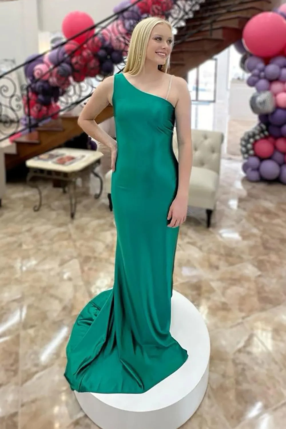 Green Mermaid Satin One Shoulder Long Prom Dress with Slit