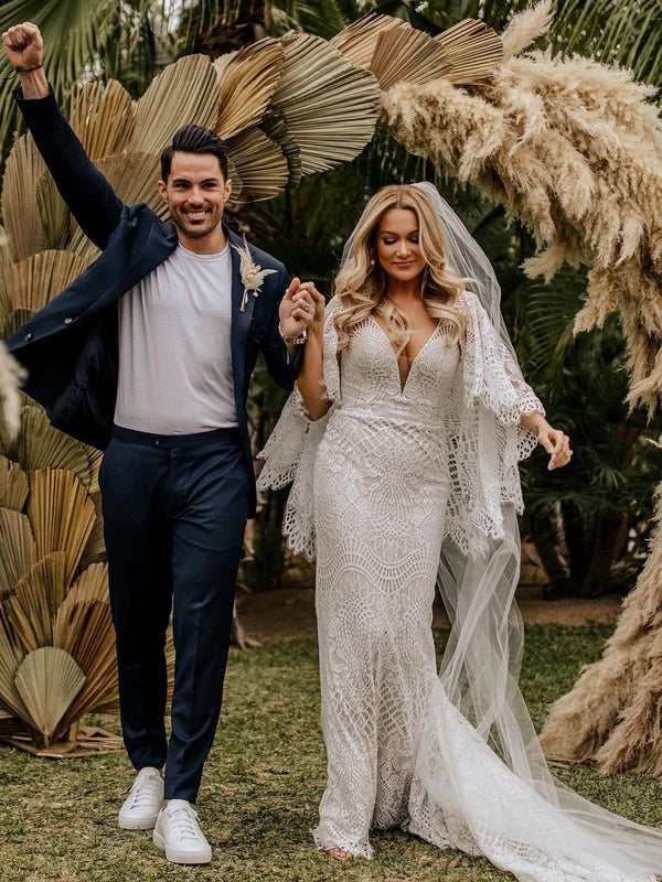 Wonderful Deep V-neck Lace Bat Sleeve Wedding Dresses With Sweep Train Sexy Charming