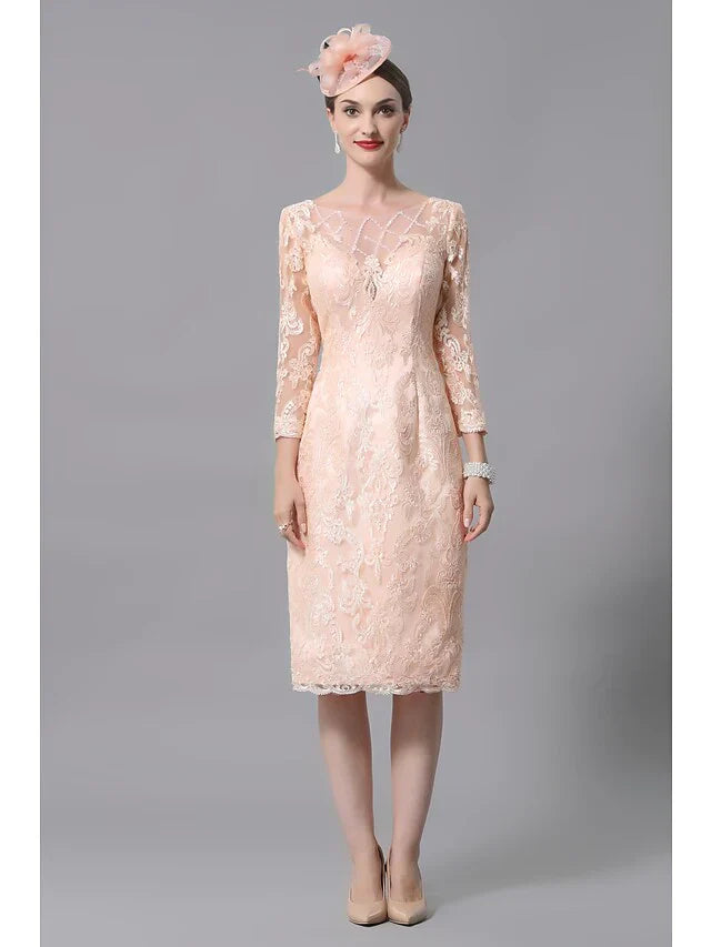 Mother of the Bride Dress Plus Size Sexy See Through Bateau Neck Knee Length Lace 3/4 Length Sleeve with Pleats Appliques