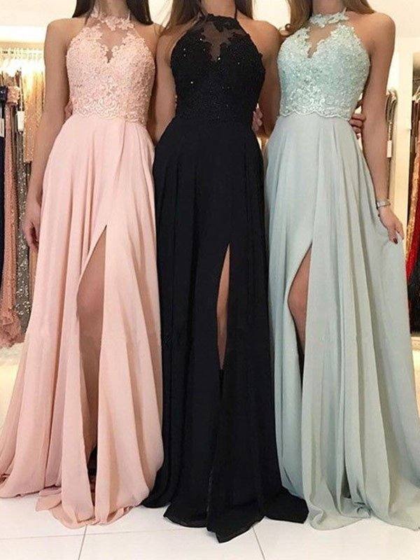 A-Line/Princess Halter Applique Sleeveless Ruched Sweep/Brush Train Chiffon Dresses - RongMoon