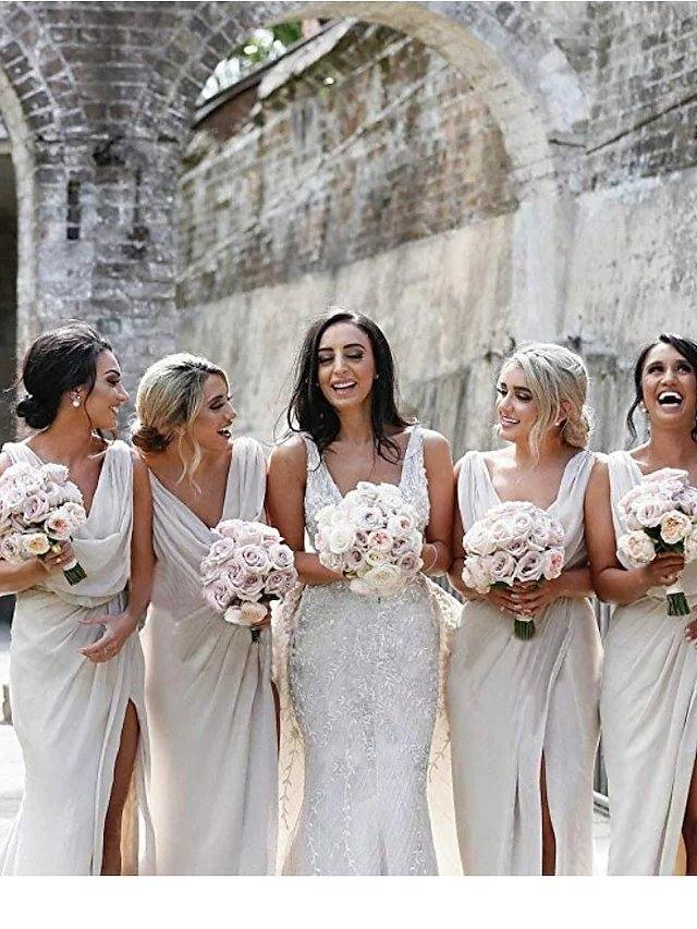 Mermaid / Trumpet V Neck Sweep / Brush Train Chiffon Bridesmaid Dress with Pleats / Split Front / Ruching - RongMoon