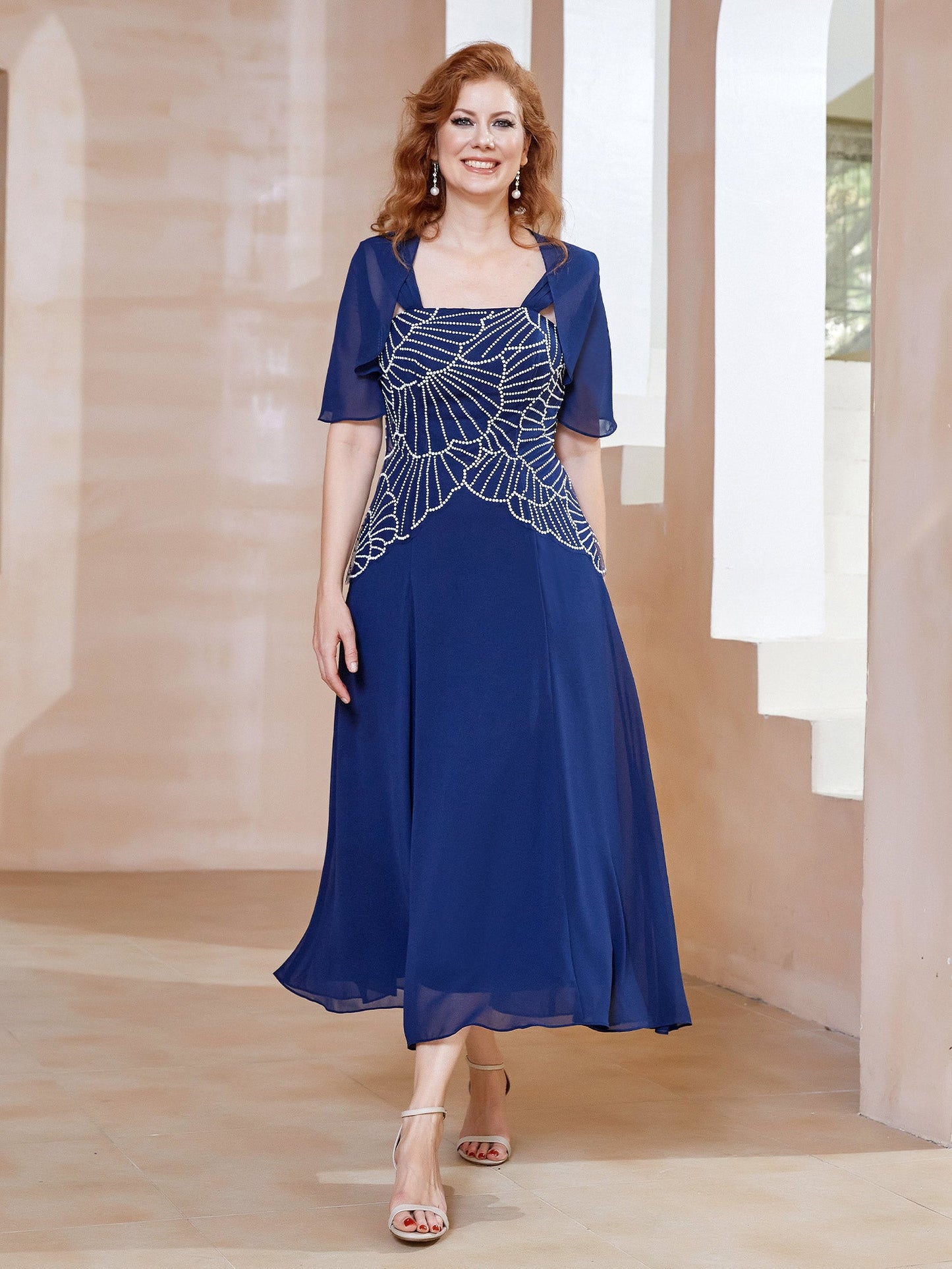 Square Neckline Beaded Chiffon A-line Dress Navy Blue