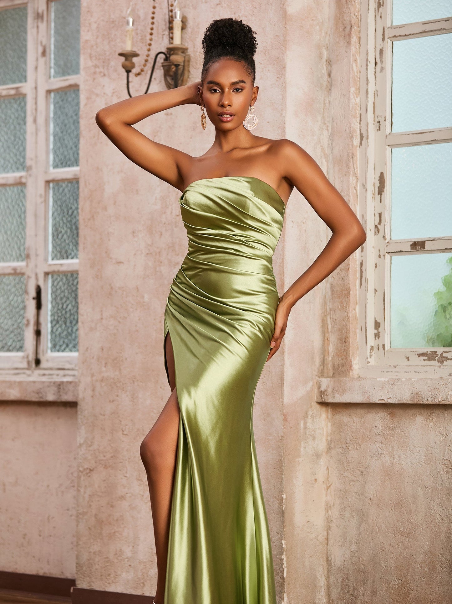 Strapless Ruched Floor-length Dress With Slit Dusty Sage