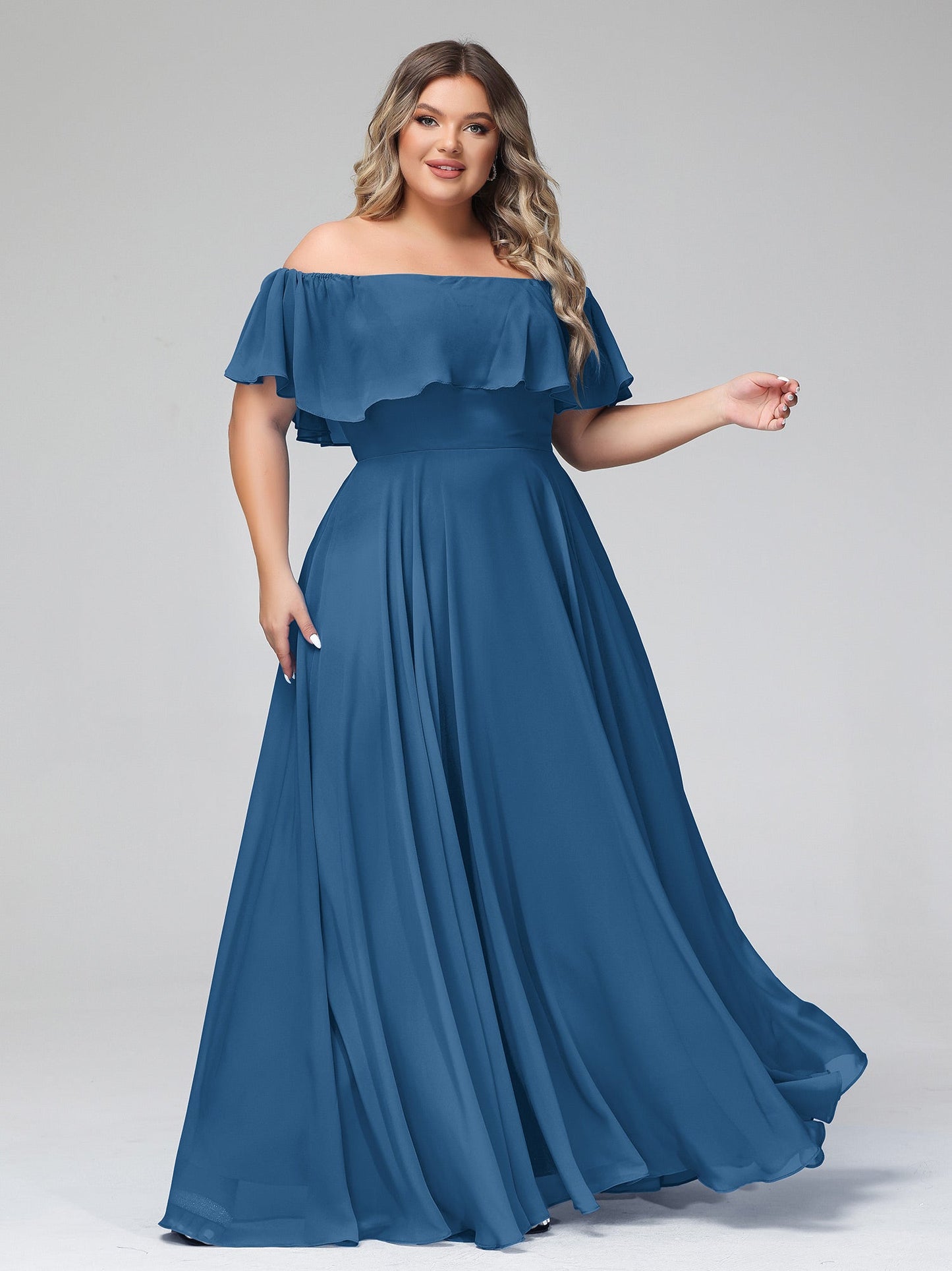 Off the Shoulder Chiffon Full Length Dress-Ink Blue