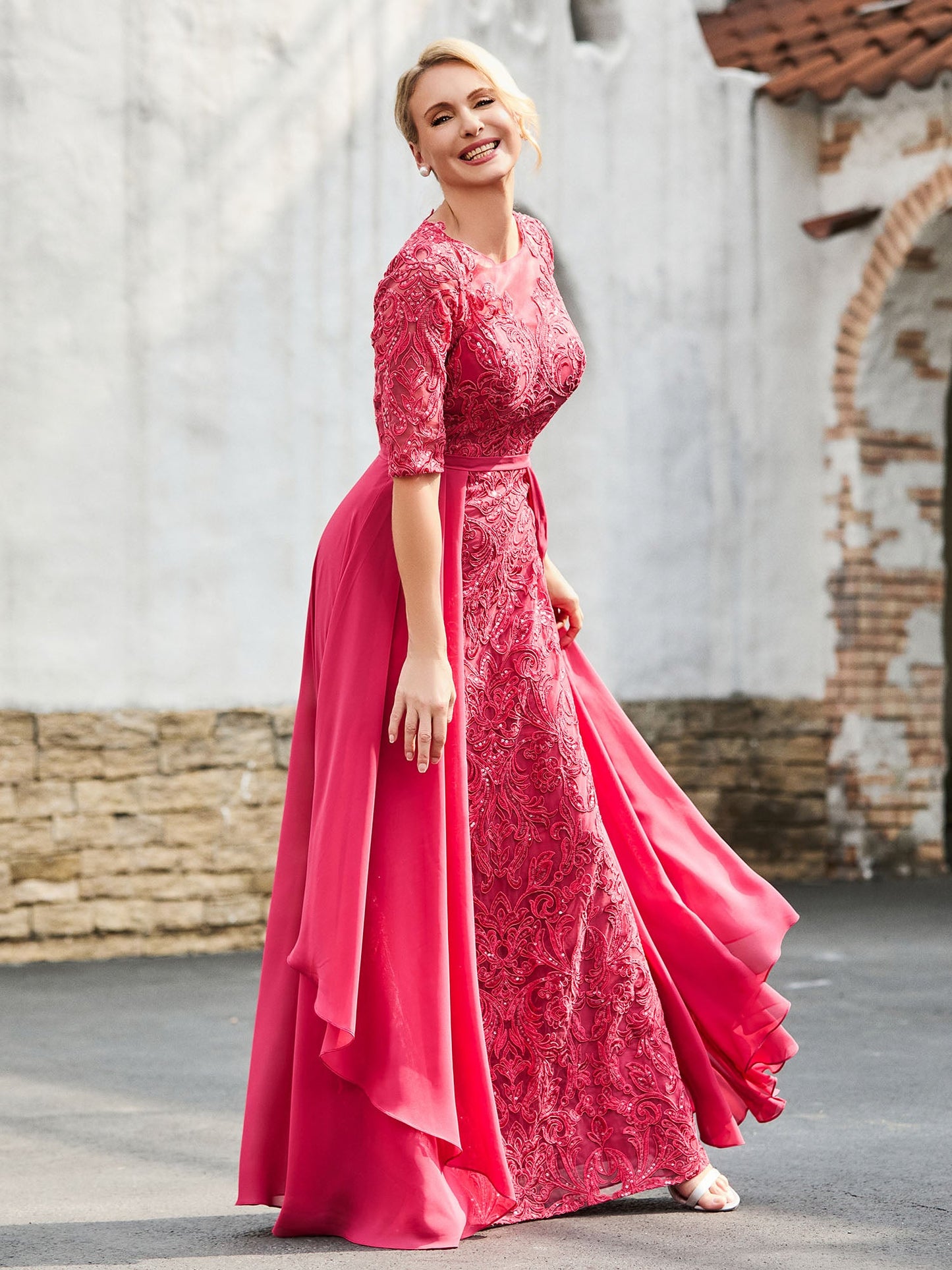 A-line Lace Dress with Trailing Cinnamon Rose